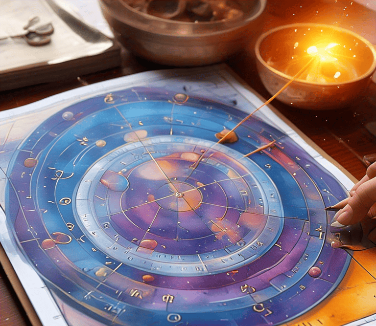 Hindu astrological chart being drawn by astrologer , highlighting the positions of planets and stars